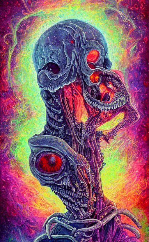 Prompt: a psychedelic portrait of omin dran, skeletal, mind flayer, psion, vibrant color scheme, highly detailed, in the style of romanticism, very realistic, 4 k, photorealistic