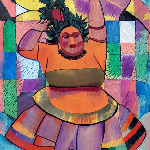 Image similar to fat mayan woman dancing, brilliant sunset, cubism, muted colors, texture