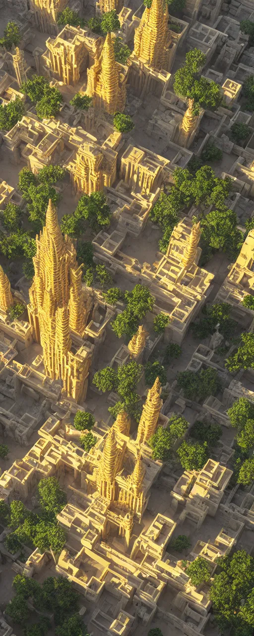 Image similar to eye level view of single tower, golden facade babylon tower, sacred ancient architecture, hanging gardens, cascading highrise, arid mountains with lush palm forest, sunlight, post - production, octane, cgi, sfx, beautiful dynamic lighting, cinematic, extremely high detail, photo realistic, cinematic lighting, 8 k