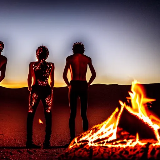 Image similar to portrait of three ravers photographed from behind, talking around a fire, photorealistic, dancefloor kismet, diverse costumes, clean composition, desert transition area, bonfire, night, australian desert, xf iq 4, symmetry, sony a 7 r, 1 5 0 mp, 5 0 mm