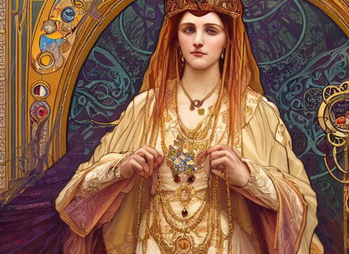 Image similar to byzantine empress theodora the first, art nouveau artwork masterpiece, by Alphonse Mucha, Adolfo Hohenstein, Stanley Artgerm Lau, Greg Rutkowski, Thomas Kindkade, trending on artstation, 4k, smooth, sharp focus