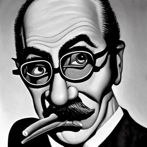 Image similar to beautiful lifelike painting of grace jones disguised as groucho marx, hyperreal detailed facial features and uv lighting, art by ed roth and basil wolverton