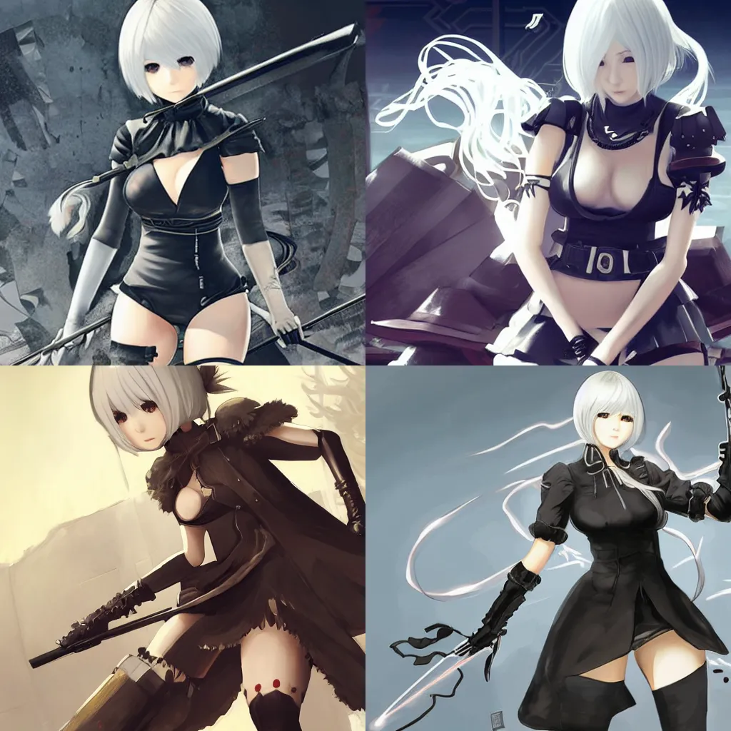 Prompt: nier automata, official character art, sakimichan