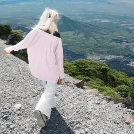 Prompt: a beautiful silver hair young woman walking up Mount Fuji in the style of studio ghibli