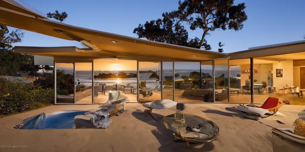 Image similar to a mid-century Eichler Home on a beach at sunset with view of the ocean in the style of sunset magazine and dwell magazine. Highly detailed, photorealistic, 8k 35mm, award winning architecture photography