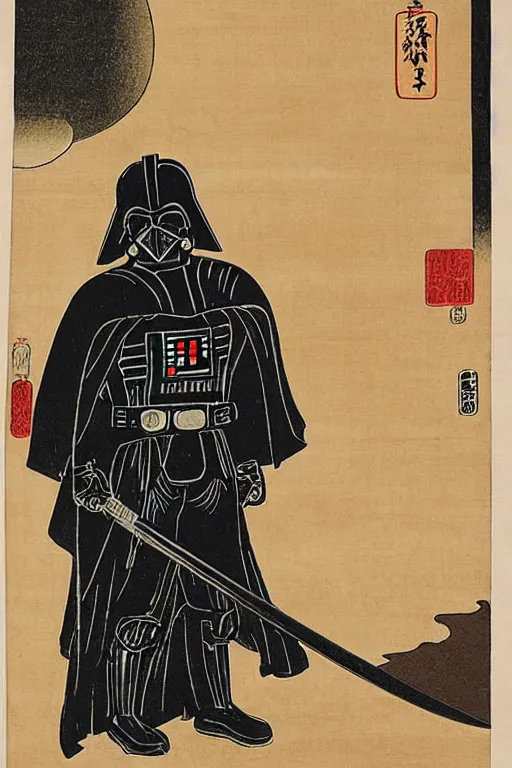 Image similar to Japanese woodblock print of Darth Vader holding a samurai sword , Hokusai