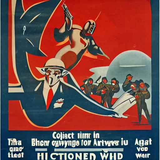 Image similar to a 1930s propaganda poster of an alien war