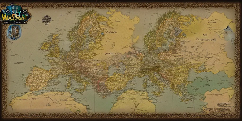 Image similar to a map of europe in the style of World of Warcraft maps