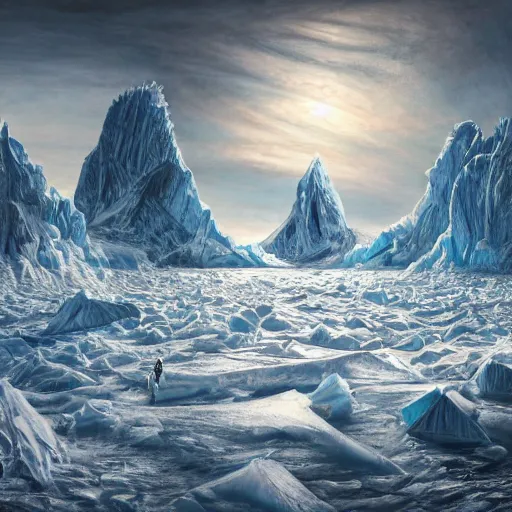 Image similar to menacing absence pathfinder Antarctica glacial cult incomprehensible topology ambience, realistic fantasy, oil painting, extremely high detail, photorealistic, cinematic lighting, oil painting, intricate line drawings, 4k resolution