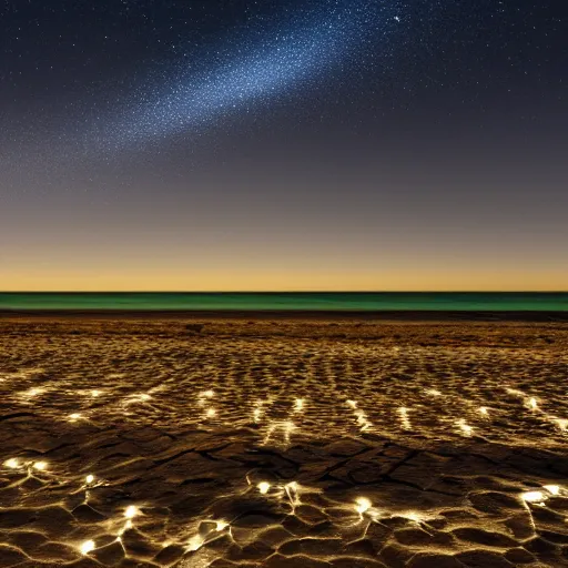 Image similar to nighttime view of beach on the ocean, bioluminescent on the edges of waves, realistic, fine detail, 4k, amazing