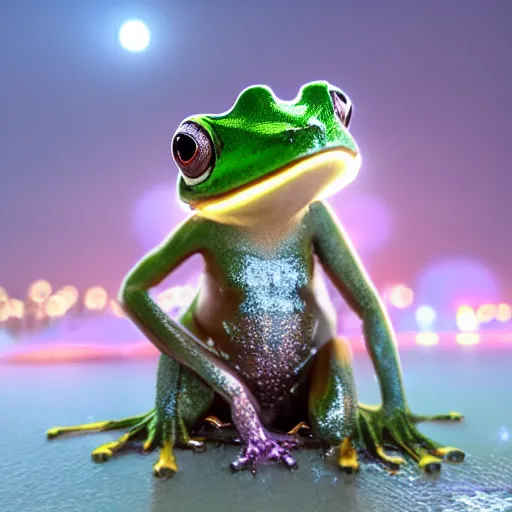 Prompt: a frog dressed in the most beautiful dress, digital art, octane render, cinematic lightning, matte painting, 8 k, trending artstation,