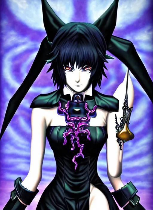 Image similar to shin megami tensei art of a demon called goth girlfriend, art by kazuma kaneko, demonic! compedium!, digital drawing, white background, very high quality, very highly detailed