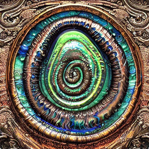 Image similar to mask, Art Nouveau cresting oil slick waves, hyperdetailed bubbles in a shiny iridescent oil slick wave, ammolite, dinosaur bone, detailed giant opalized ammonite shell, black opal, abalone, paua shell, ornate copper patina medieval ornament, rococo, organic rippling spirals, octane render, 8k 3D, druzy geode, cresting waves and seafoam, mask