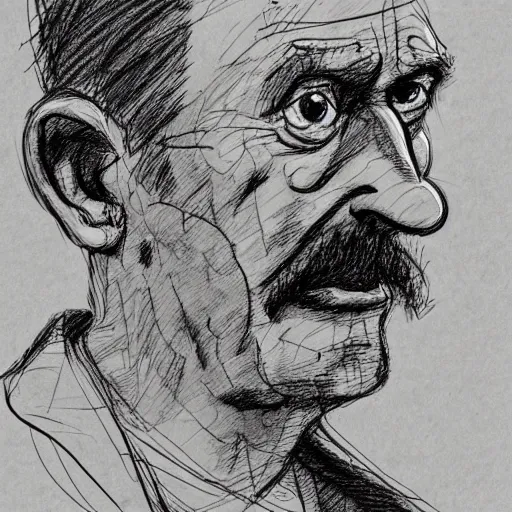 Prompt: a realistic yet scraggly portrait sketch of the side profile of a stern and sophisticated eustace bagge, trending on artstation, intricate details, in the style of frank auerbach, in the style of sergio aragones, in the style of martin ansin, in the style of david aja, in the style of mattias adolfsson