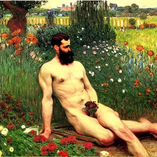 Prompt: attractive man gardening by his idyllic home, painting by tom of finland, john william waterhouse, claude monet