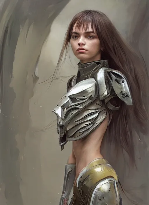 Image similar to a professional painting of a beautiful young female alien, clothed in ethereal armor, olive skin, long dark hair, beautiful bone structure, symmetrical facial features, intricate, elegant, digital painting, concept art, smooth, sharp focus, illustration, from Valerian and the City of a Thousand Planets, by Ruan Jia and Mandy Jurgens and Artgerm and William-Adolphe Bouguerea