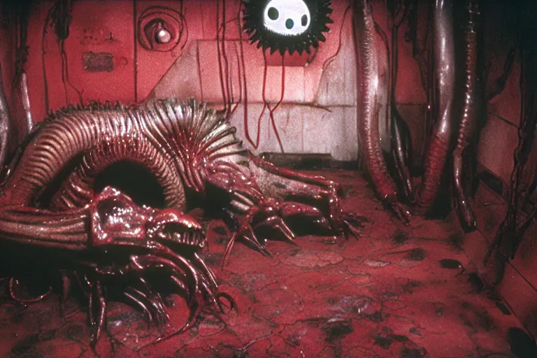 Prompt: peppa the pig infected by xenomorph from movie alien 1 9 7 9, staying at nostromo spaceship. extreme long shot, cinestill, giger, hermann nitsch, dark colors