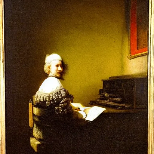 Prompt: Rembrandt painting of a typewriter sitting on a desk, there is a window behind it, gentle light is cast from the outside