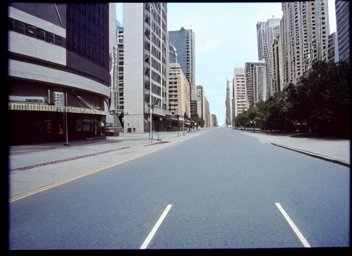 Image similar to A disposable camera picture of an empty street, Kodak Fling 200, 1983