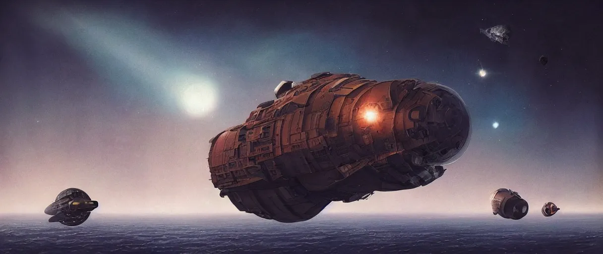 Prompt: tiny spaceship!!, deep space exploration!!!, flying, the expanse tv series, industrial design, the final frontier, illustrative!!, punk, space pirate, painterly, hyperdetailed, hyperrealistic, utilitarian cargo ship, underexposed, cinematic lighting, 4k, wide angle, beksinski