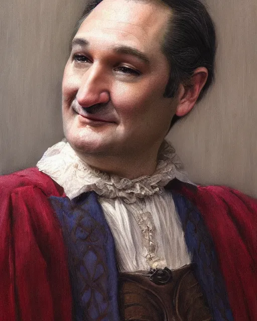 Image similar to closeup portrait of whimsical conniving ted cruz, court jester in renaissance era,, masterpiece, by donato giancola and greg rutkowski and wayne barlow and zdzisław beksinski, high contrast, realistic face