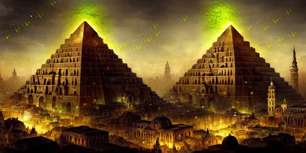 Prompt: magical city of the great tartarian empire adorned with amazing lost technology, lighting resembling fireflies, spires from rooftops collecting and distributing etheric energy, the centerpiece of the city is a colossal ancient pyramid made of metal, cityscape, combining intense detail & utmost quality, late 1 8 0 0 s photography christian hecker, artstation, - h 8 3 2