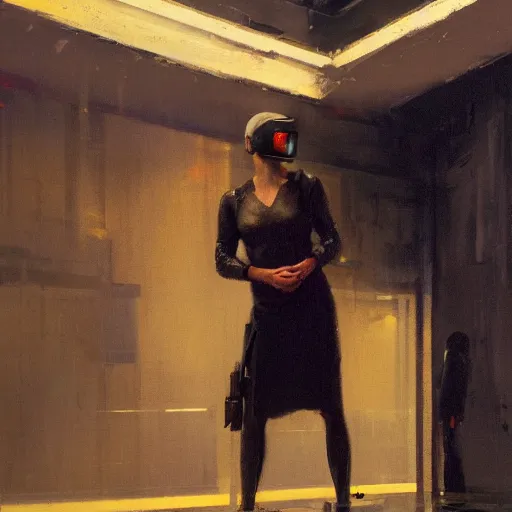 Image similar to rachael from bladerunner in vr helmet standing on the ledge by jeremy mann and edward hopper