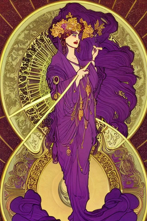 Image similar to thanatos, beautiful male god of death, closed eyes, long hair, wearing ornate violet clothes, gold jewelry, moon, by Alphonse Mucha, super detailed, 4k, illustration