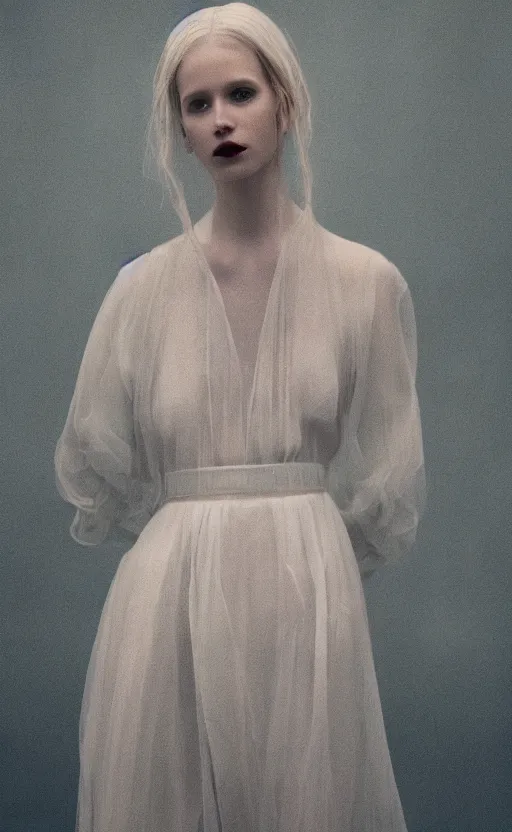 Image similar to Fashion photography of a woman wearing an outfit inspired by The OA (2016), artistic photography, cinematic lighting, insanely detailed, cinestill 800t, Vogue magazine