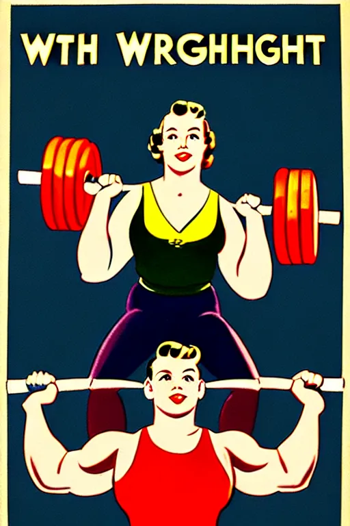 Prompt: 1940s weightlifting art poster