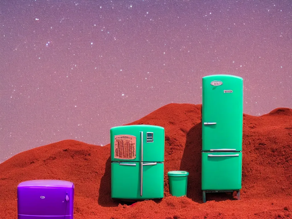 Image similar to purple refrigerator, red sand beach, green ocean, nebula sunset