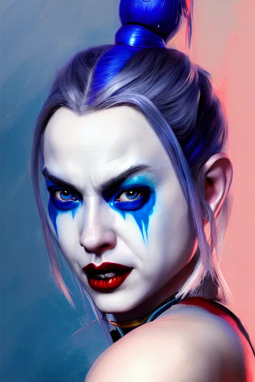 Image similar to ultra detailed half body portrait of harley quinn, blue eyes, sharp bone structure, extremely detailed digital painting, in the style of fenghua zhong and ruan jia and jeremy lipking and peter mohrbacher, mystical colors, rim light, beautiful lighting, 8 k, stunning scene, raytracing, octane, trending on artstation