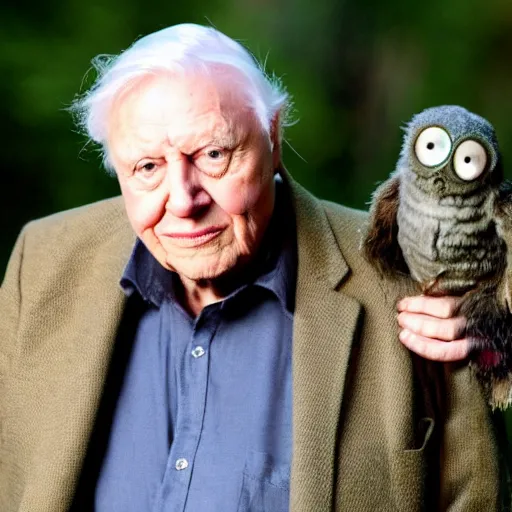 Prompt: Sir David Attenborough next to a small Mothman