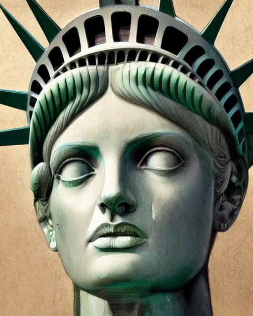 Image similar to the statue of liberty as beautiful real woman hyper realistic face, beautiful eyes, fantasy art, in the style of greg rutkowski, intricate, hyper detailed, smooth