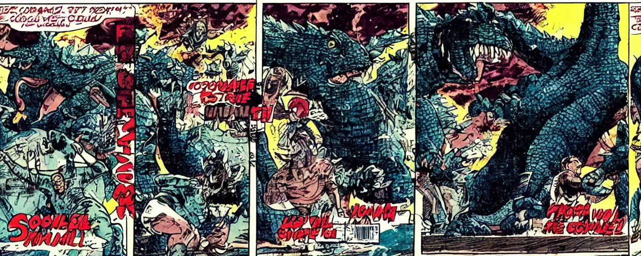 Image similar to godzilla slam dunking basketball on shaquille o'neil, marvel comic, 1 9 6 0's style, comic strip