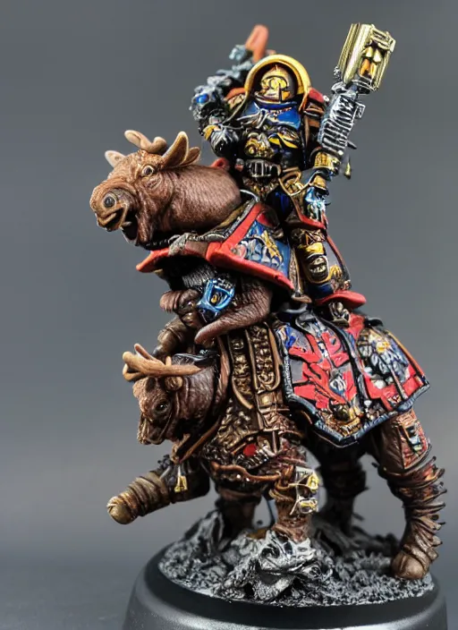 Prompt: 8 0 mm resin detailed miniature of a warhammer 4 0 k space marine riding a moose, product introduction photos, 4 k, full body,