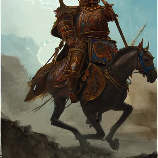 Prompt: byzantine cataphract mounted on horseback, by marc simonetti