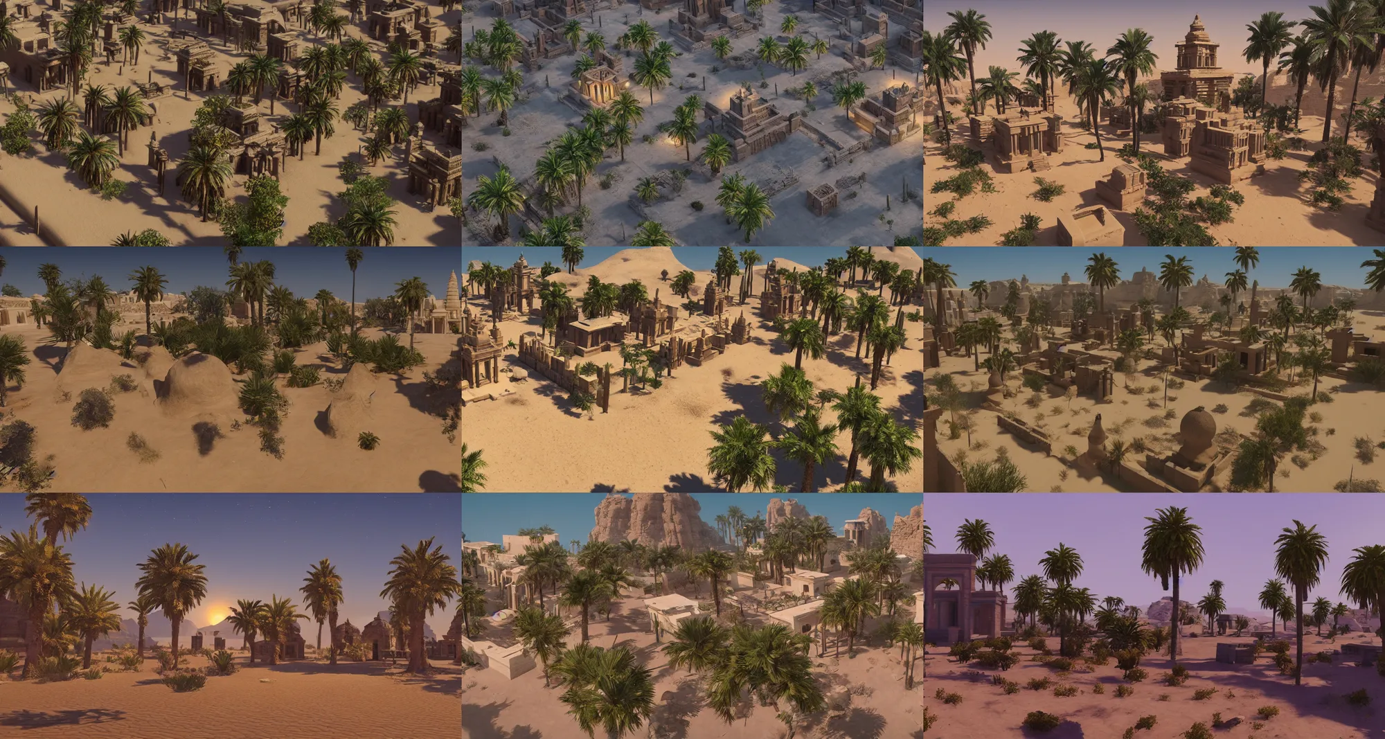 Prompt: Desert City, Small houses, large temples, a small oasis, a small palm trees; night; Unreal Engine 4