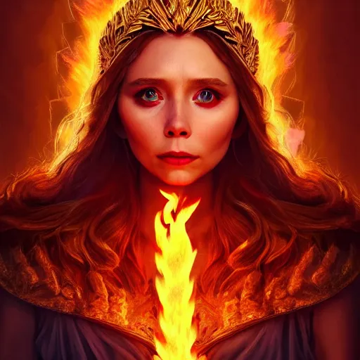 Prompt: elizabeth olsen as the goddess of fire!!!, golden ratio!!!!!, centered, trending on artstation, 8 k quality, cgsociety contest winner, artstation hd, artstation hq, luminous lighting