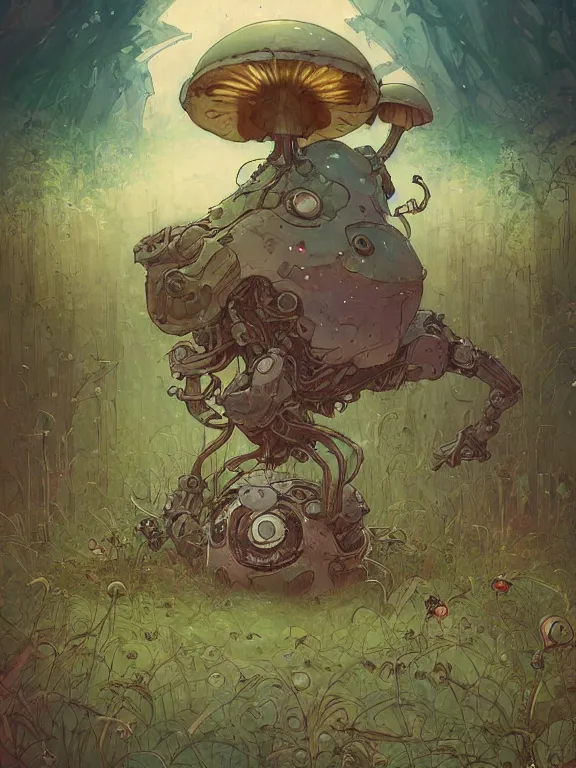 Prompt: large broken and abandonned robot sitting in forbidden forest with grass and mushrooms on its head, stylized illustration by peter mohrbacher, moebius, mucha, victo ngai, colorful comics style
