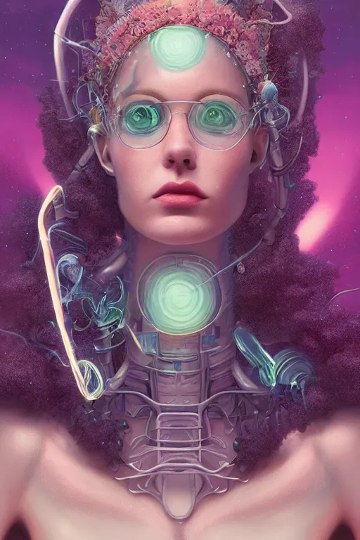 Prompt: digital portrait of an eloquent alien plant queen, straight on, full body character concept art, concept art, by artgerm, tom bagshaw, gerald brom, vaporwave colors, lo fi colors, vaporwave, lo fi, 4 k, hd, rendered with substance designer, small details,