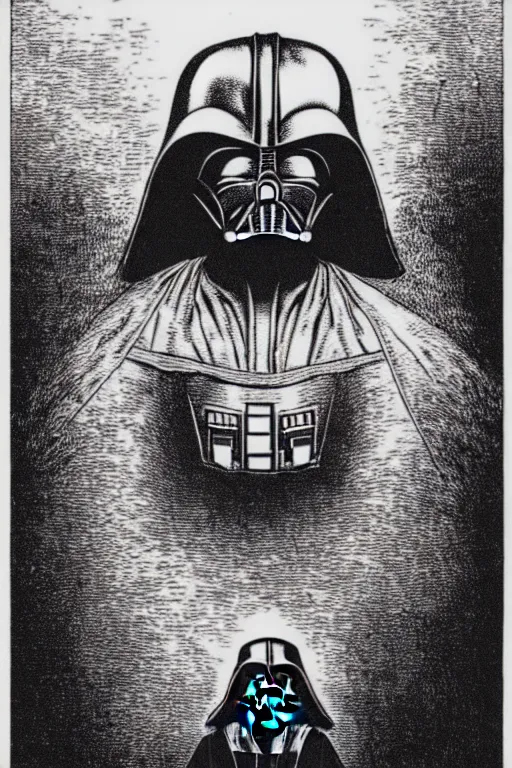 Image similar to horror death darth vader laurie greasley and rene magritte, etching by gustave dore