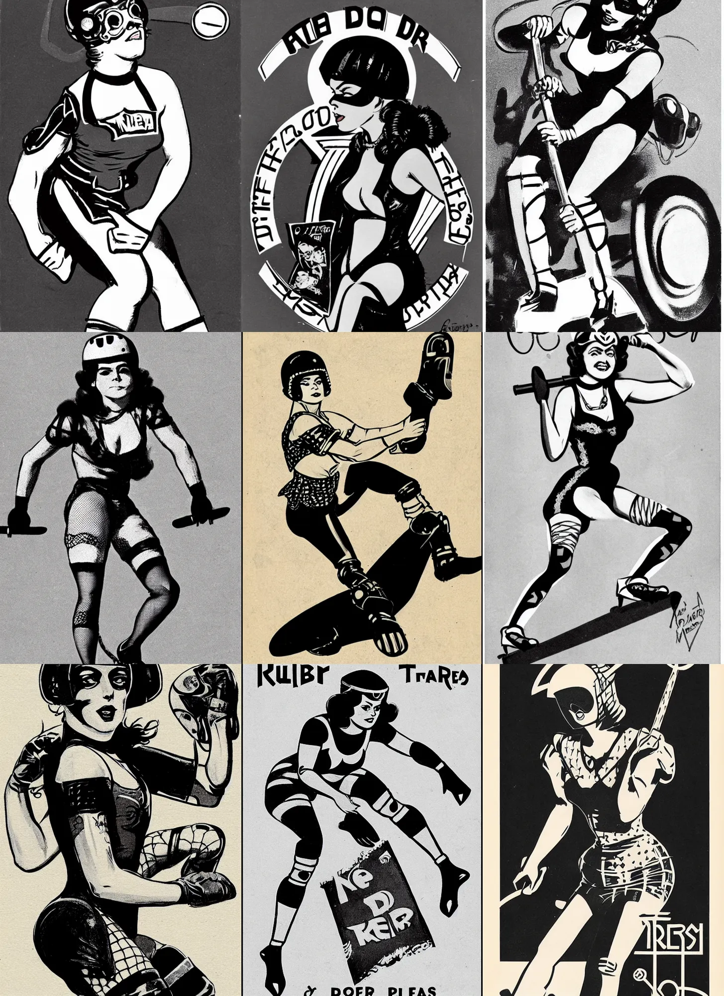 Prompt: 1950s logo of a roller derby girl (Theda Bara) doing Cross-Over, wearing skate helmet, knee pads, elbow pads, fishnet tights, showing off biceps, illustration by greg rutkowski and mcbess, 1950s