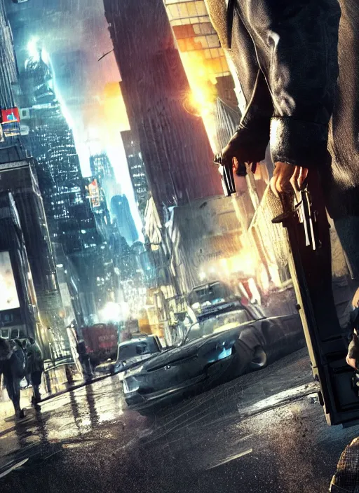 Prompt: watch dogs the movie, aiden pearce, movie poster, explosion in the back, night, rain, cars, civilians, runing, weapons