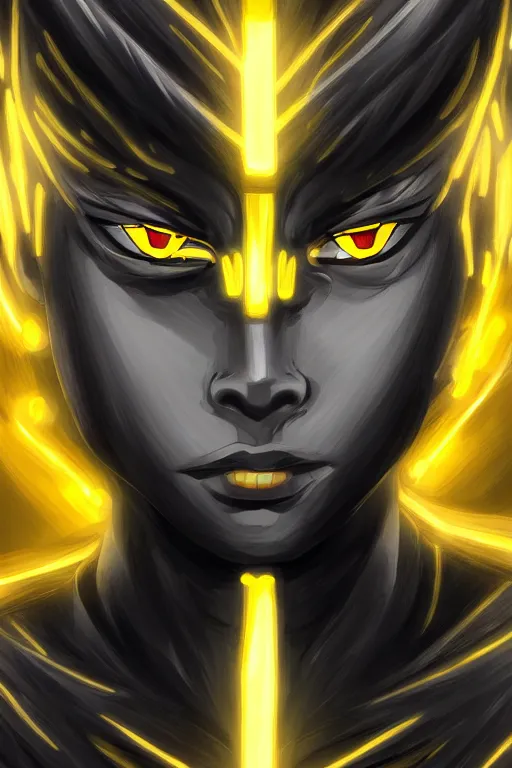 Image similar to glowing black male anime character, golden hair, yellow eyes, symmetrical, highly detailed, digital art, sharp focus, trending on art station, ninja, electricity superpowers, anime art style