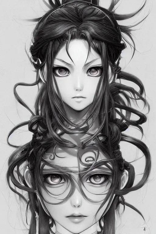 Prompt: anime medusa portrait, art by krenzcushart, by yoshitaka amano, kentaro miura, artgerm, wlop, artsyle of nier automata concept art