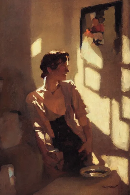 Image similar to portrait of your mother in a darkened room, painted by tom lovell frank schoonover dean cornwell mandy jurgens everett raymond kinstler, photorealism, hd, detailed