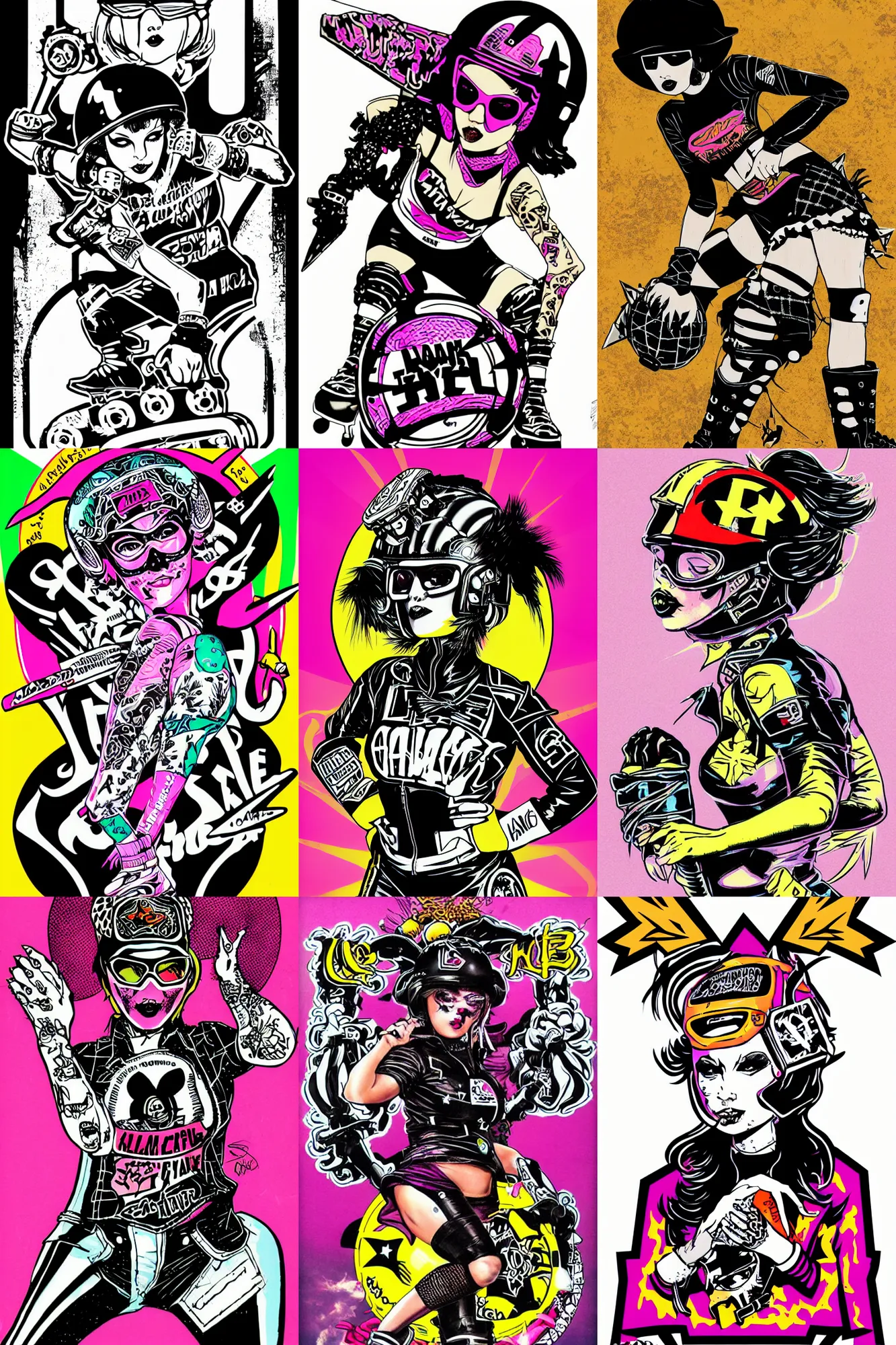Prompt: hip goth chick as roller derby girl portrait, logo, wearing skating helmet, wearing knee and elbow pads, dynamic skating, Philippe Caza