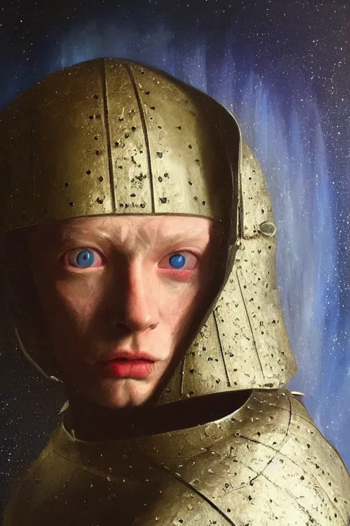 Image similar to hyperrealism oil painting, close - up portrait of albino medieval fashion model, knight, steel gradient mixed with nebula sky, in style of baroque