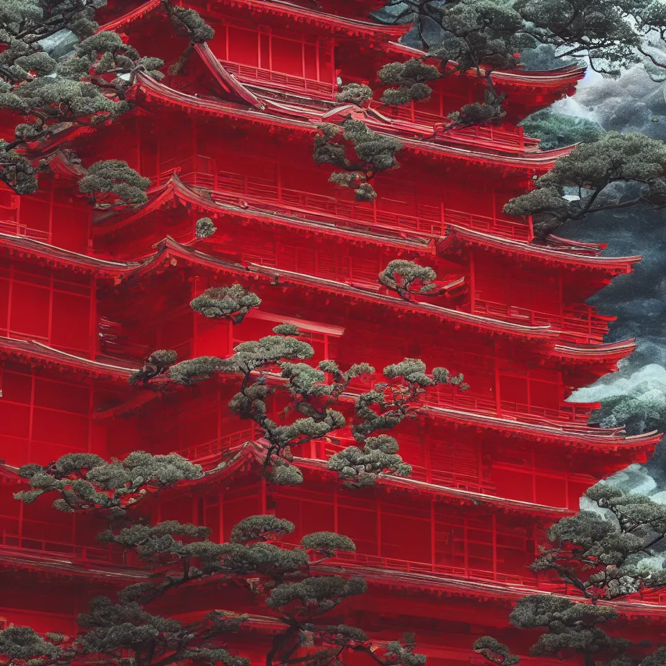 Image similar to A red ancient Japanese architectural building under the sea, 8k, very high detailed, cinematic, octane render, intricate